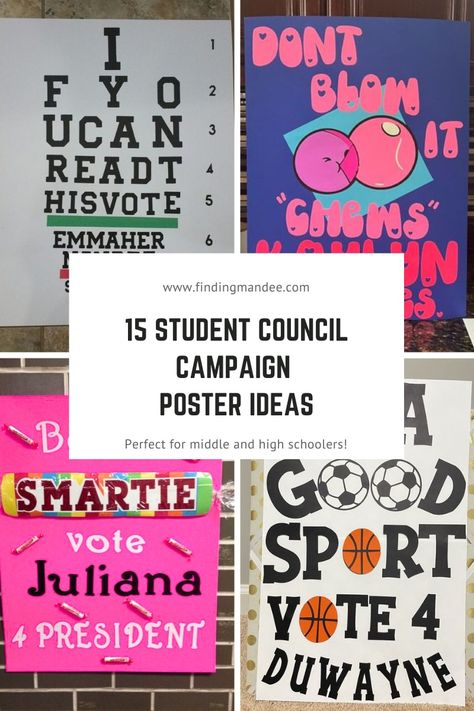 15 Student Council Campaign Poster Ideas - finding mandee Student Council Posters For Treasurer, Student Council Signs Posters, Bubble Gum Student Council Poster, Chews Me Student Council, Elementary Campaign Ideas, Sports Student Council Posters, Donut Student Council Posters, Bright Idea Student Council Poster, Spongebob Student Council Posters