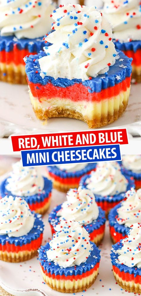 Patriotic Cheesecake Bites, Red White And Blue Cheesecake Dessert, 4th Of July Food Cheesecake, 4th Of July Desserts Homemade, Foods To Make For Fourth Of July, Red White And Blue No Bake Cheesecake, 4th Of July Sweets Party Ideas, Deserts Recipes 4th Of July, 4th Of July Party Snack Ideas