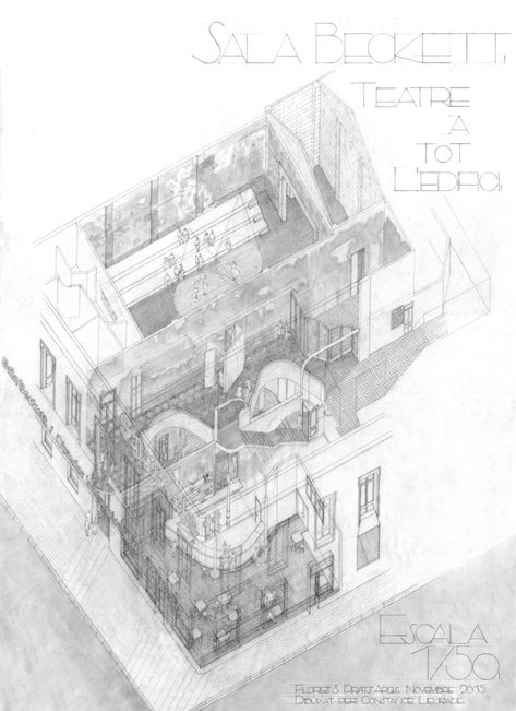 Gallery of Sala Beckett / Flores & Prats - 16 Sala Beckett, Architecture Process, Urban Pattern, Axonometric Drawing, Architecture Concept Drawings, Architectural Sketch, Architectural Drawing, Model Drawing, Architecture Illustration