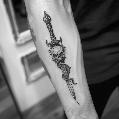 Sword and dagger tattoo. Check my profile for more design ideas . . . . . . . . #swordtattoo #skultattoo #darkart #tattooflash #blackandgreytattoo #darkartist #gothicart #tattoosleeve #darktattoos #darkillustration #swordart #skullart #swordanddaggertattoo #darktattoosubmission #darktattooart #swordandrosestattoo Gothic Dagger Tattoo, Blood Tattoo, Dagger Tattoo, Tattoo Art Drawings, Dark Tattoo, Arm Tattoos For Guys, More Design, Dark Ages, Forearm Tattoos