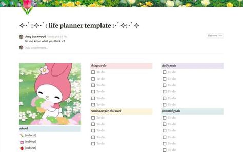 credits: Sanrio Notion, Life Planner Template, Project Management Templates, Dashboard Template, Notion Template, Anime Backgrounds Wallpapers, Aesthetic Template, Studying Inspo, Pastel Flowers