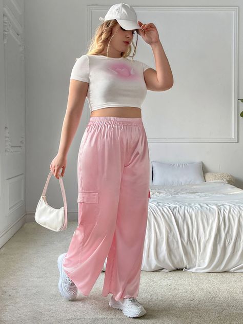 SHEIN EZwear Plus Flap Pocket Side Cargo Pants | SHEIN USA Cargo Pants Outfit Plus Size, Pink Cargo Pants Outfits, Pink Cargo Pants, Cargo Outfit, Cargo Pants Outfits, Cargo Pants Outfit, Plus Size Pants, Basic Outfits, Cargo Trousers