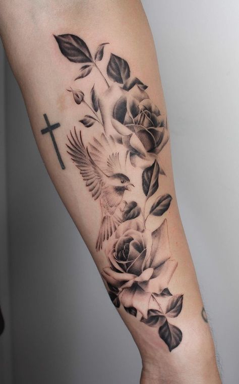 Womens Christian Sleeve Tattoo, Manly Rose Tattoo Men, Cross Rose Tattoo For Women, Awesome Tattoos For Women Unique, Cross With Roses Tattoo For Women, Christian Tattoos For Women Sleeve, God Tattoos For Women Half Sleeves, Cross And Rose Tattoo, Faith Based Tattoos