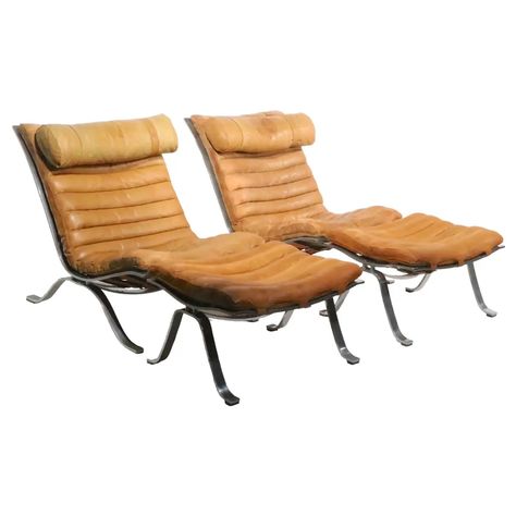 Pr. Ari Lounge Chairs with Ottomans by Arne Norell Made in Sweden c. 1960's For Sale at 1stDibs | arne norell ari Chairs With Ottomans, Modern Leather Chair, Leather Chairs, Leather Chair, Vintage Modern, Lounge Chairs, Leather Upholstery, Chair And Ottoman, Modern Vintage