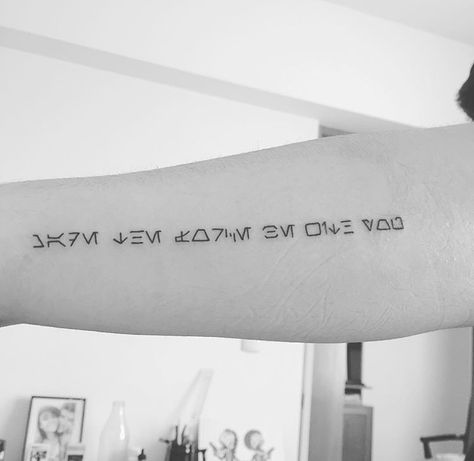 Star Wars Tattoo May The Force Be With You, Star Wars Inspired Tattoos, Star Wars Quote Tattoo, May The Force Be With You Tattoo, Aurebesh Tattoo, The Force Star Wars, Tattoo Star, Nerdy Tattoos, Star Wars Quotes