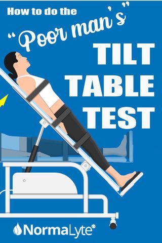 Image is a blue background with a person on a tilt table meant to test for Postural Orthostatic Tachycardia Syndrome.  The text over the image reads "Poor Man's Tilt Table Test".  The NormaLyte logo is in all white at the bottom. Vitamin Deficiency Symptoms, Pediatric Medicine, Dysautonomia Pots, Tilt Table, Poor Man, Spoonie Life, Body Fluid, People Talking, Health Habits