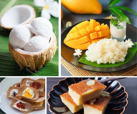 Thai Desserts Traditional, Banana Flavored Cake, Thai Recipes Dessert, Traditional Thai Food, Dessert Names, Sticky Rice Cake, Sweet Sticky Rice, Pandan Cake, Thai Desserts