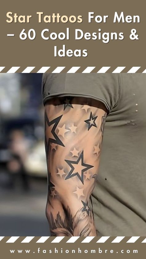 Star Tattoos For Men - 60 Cool Designs and Ideas with Meaning -  #Cool #Designs #Ideas #Meaning #Men #Star #Tattoos Check more at https://ifoundaideas.com/tattoo/star-tattoos-for-men-60-cool-designs-and-ideas-with-meaning/ Star Sleeve Tattoo Men, Tattoo Stars Men, Sign Tattoo Symbols, Star Tattoo Men, Star Tattoo Sleeve, Stars Tattoo For Men, Time Tattoo Design, Elbow Star Tattoo, Stars Tattoo Designs