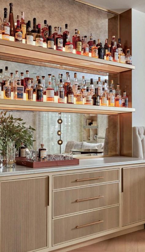 Media Room Wet Bar Ideas, Built In Bar Ideas For Home, Wood Bar Design, House Bars, Whiskey Display, Bourbon Room, Home Wet Bar, Beverage Bar, Home Bar Rooms