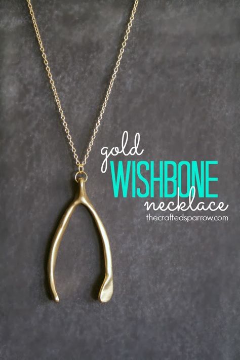 Gold Wishbone Necklace - The Crafted Sparrow Wishbone Necklace Gold, Wishbone Necklace, Diy Gold, Knick Knack, Bone Necklace, Necklace Tutorial, Gold Diy, Necklace Diy, Polymer Clay Charms