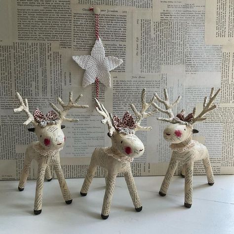 Neeta Lock on Instagram: "Three papier-mâché reindeer available… swipe to see individually .. 8” to the tips of their antlers … just give me a shout out if you are interested 😀 £75 plus p&p #papermache #papiermâché #papermachereindeer #reindeer #folkart #recycledpaper #christmasiscoming #xmas" Paper Mache Reindeer, Making Paper Mache, Cotton Crafts, Making Paper, Papel Mache, Christmas Is Coming, Art Plastique, Paper Mache, Fabric Art