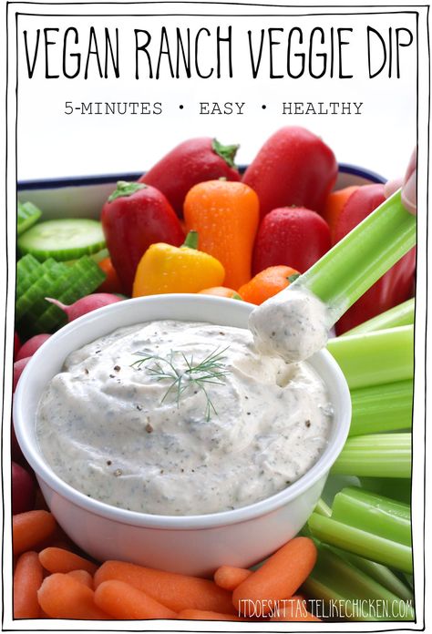 This vegan ranch veggie dip recipe is healthy, easy, and takes just 5 minutes to make! Creamy, tangy, and irresistibly delicious, with this dip, you will want to snack on veggies all the time. (I sure do)! We make this dip weekly in our house, it's perfect for a quick snack, as an appetizer for parties, and it can also be used as a salad dressing and a sandwich spread. #itdoesnttastelikechicken #veganrecipe Ranch Veggie Dip Recipe, Ranch Veggie Dip, Vegan Ranch Dip, Vegan Dip Recipes, Veggie Dip Recipe, Nachos Cheese Recipe, Cheese Sauces, Vegan Dips, Delicious Dips