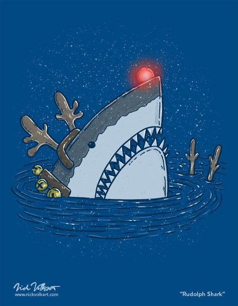 A shark with reindeer antlers and a red nose peeks out of the water during a snowfall. Shark Christmas Card, Funny Shark Pictures, Funny Sharks, Silly Sharks, Christmas Shark, Blue Christmas Background, Pet Shark, Pto Ideas, Shark Photos