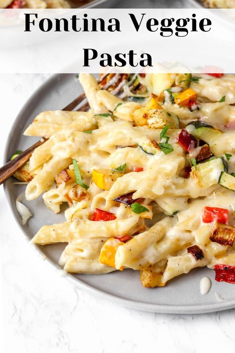 A creamy Fontina cheese sauce pasta loaded with roasted veggies! Roast your favorite veggies, like squash, zucchini, and red peppers. Then, add to this creamy Fontina sauce and serve over penne pasta. A great way to sneak more vegetables into your day. And a Fontina cheese sauce is subtle but delicious! Fontina Cheese Recipes Pasta, Fontina Cheese Sauce, Recipes Using Fontina Cheese, Recipes With Fontina Cheese, Pasta Recipes With Cream Cheese, Fontina Cheese Recipes, Creamy Veggie Pasta, Easy Vegetable Pasta, Recipes With Cream Cheese