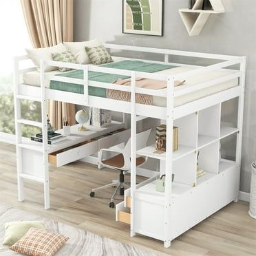 Shelves And Desk, Full Size Loft Bed, Loft Bed Frame, Bed With Desk, White Loft, Twin Size Loft Bed, Bed Frame With Storage, Bed With Drawers, Bed Desk