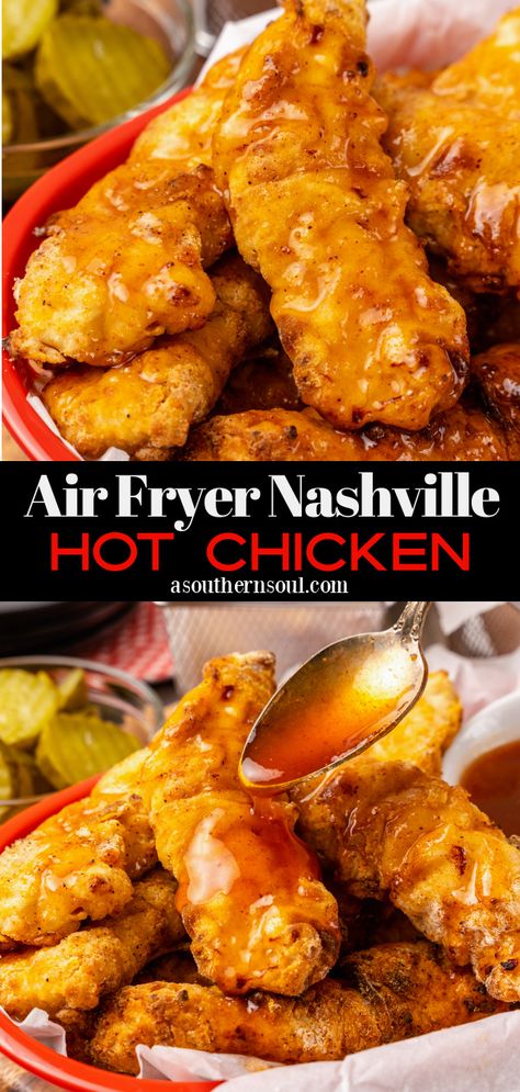 Air Fryer Nashville Hot Chicken is a new healthy twist on the classic Southern dish that people rave about! With iconic sweet heat flavors of honey, cayenne, and hot sauce coating crispy air-fried chicken, this recipe will have you licking your lips and your fingers to savor every amazing bite. Chicken Finger Recipes Air Fryer, Air Fryer Nashville Hot Chicken, Nashville Hot Chicken Tenders, Hot Chicken Tenders, Buffalo Chicken Fingers, Chicken Lips, Soul Recipes, Hot Chicken Recipe, Chicken Finger Recipes