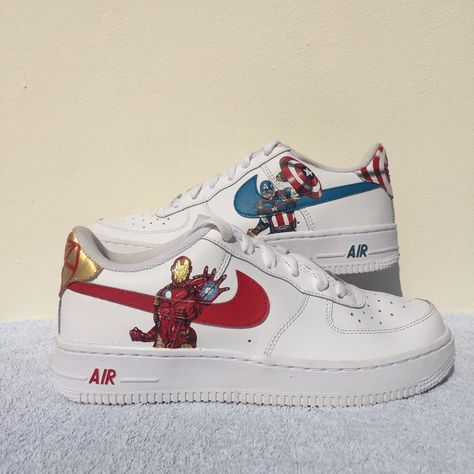 Custom Trainers, Marvel Merch, Shoes Painting, Avengers Hoodie, Marvel Shoes, Nike Custom, Nike Air Force 1 Custom, Marvel Clothes, Air Force 1s