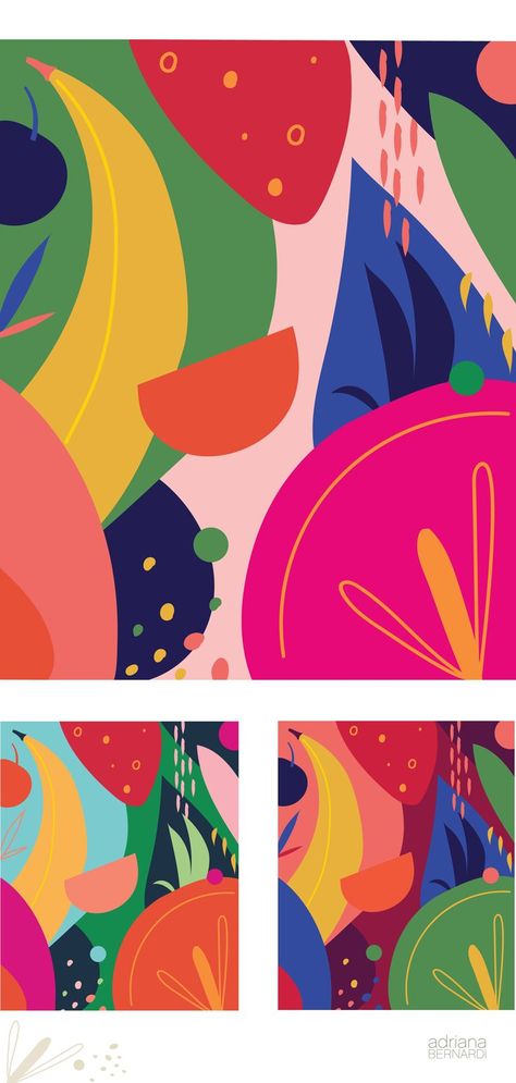 Some illustrations from a design concept I worked on for a project in Brazil. This was an unselected concept but I really enjoyed working on it and exploring a more abstract/collage style. #summervibes #illustration #fruits #fruitillustration #colorfulillustration #surfacepatterndesign Brazil Illustration Design, Abstract Fruit Illustration, Tropical Fruits Illustration, Tropical Illustration Graphics, Food Pattern Illustration, Fruit Illustration Design, Smoothie Illustration, Tropical Graphic Design, Scifi Lab