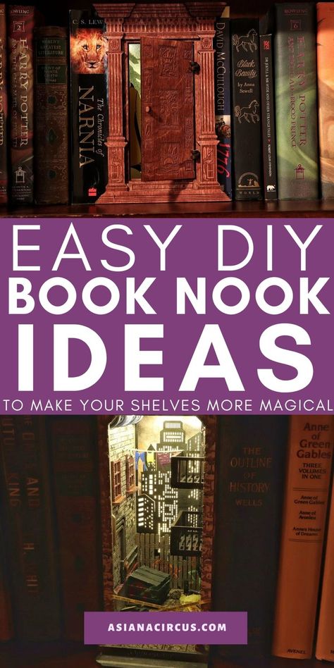 Explore the most magical DIY book nook kit ideas for kids and adults that will. Build the most brilliant yet easy shelf insert book nooks and book nook dioramas to decor your shelves. Book Nook Ideas, Fairy Garden Books, Easy Shelves, Diy Book Nook, Book Nook Kit, Shelf Insert, Diy Projects To Make And Sell, Easy Books, Nook Ideas