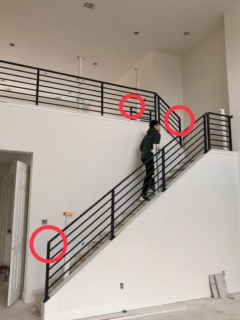 Modern Rod Iron Stair Railing, Horizontal Iron Stair Railing, Metal Rails For Stairs, Black Horizontal Stair Railing, Horizontal Indoor Railing, Horizontal Metal Railing, Metal Horizontal Stair Railing, Stair Metal Railing Ideas, Metal Indoor Railing