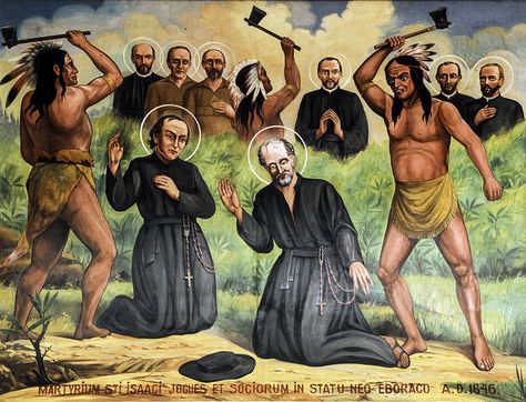 Martyrdom of Saintt Isaac Jogues and Companions, eight missionaries who were martyred in North America in the 1640s, and canonized in 1930 // This mural showing the martyrdom of St Isaac Jogues and his companion, St Jean de LaLande is in the church of St Casimir in Baltimore St Isaac Jogues, Huron Indians, Christian Martyrs, Christian Baptism, Catholic Answers, Sign Of The Cross, American Continent, Visit Canada, Canadian History