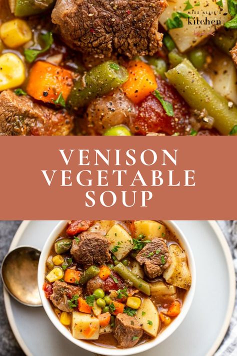 I adore soup year-round and this venison vegetable soup brings back some of my favorite memories of my mom making big batches of soup on snowy days. Making a version of that soup with deer meat couldn’t be easier. All you need to do is saute the vegetables and meat. I then like to add herbs and seasoning before adding broth/stock, it helps the flavor. This soup is so easy and works with basically any vegetables you might have around! #venison #venisonrecipes #deermeat #wildgame #wildgamecooking Deer And Noodles, Things To Make With Deer Meat, Deer Meat Vegetable Soup, Soup With Deer Meat, Deer Meat Soup Recipes, What To Make With Deer Meat, Deer Vegetable Soup, Easy Venison Stew, Soup With Venison