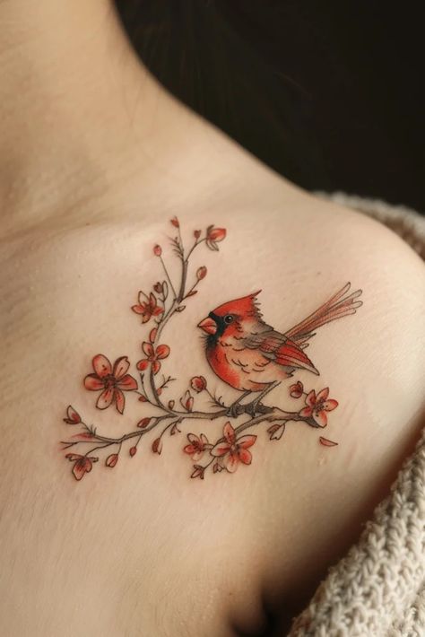 Beautiful Cardinal Tattoo Ideas with Symbolism Cardinal And Butterfly Tattoo, Two Cardinals Tattoo, Cardnial Tattoo, Momma Tattoo, Cardinal Tattoo Ideas, Cardinal Bird Tattoos, Red Cardinal Tattoos, Small Cardinal Tattoo, Remember Tattoo