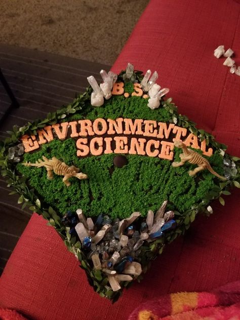 Environmental Science!! College, graduation, cap and gown. Dinosaurs, moss, rocks and crystals Moss Graduation Cap, Geology Graduation Cap, Graduation Cap Designs Nature, Environmental Graduation Cap, Environmental Science Graduation Cap, Dinosaur Graduation Cap, Biology Graduation Cap, Graduation Cap College, Science Graduation Cap