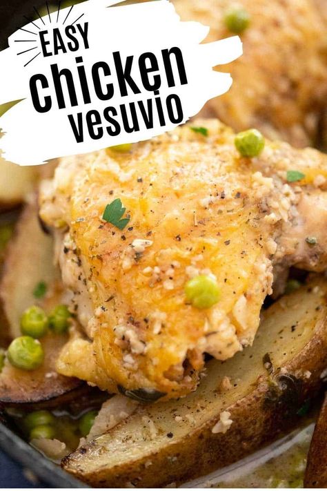 This easy Chicken Vesuvio recipe is an at-home take on the famous Chicago Italian restaurant classic. This delicious dish features tender bone in chicken thighs, potato wedges, peas, and a flavorful lemon herb white wine sauce. Chicken Sorrentino Valerie Bertinelli, Chicken Thigh Italian Recipe, Vesuvio Potatoes, Chicken Vesuvio Recipe, Chicken Vesuvio, Restaurant Recipes Famous, Capers Recipe, Chinese Chicken Recipes, Chicken Breast Recipes Baked