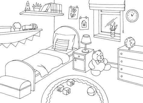 Bedroom Cartoon Drawing, Coloring Pages Interior Design, Bedroom Easy Drawing, Bedroom Colouring Pages, Room Colouring Pages, Coloring Pages Bedroom, Bedroom Doodle, Bedroom Coloring Pages, House Coloring Pages Free Printable