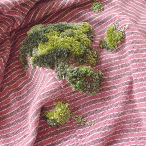 Embroidery Moss How To, Moss Embroidery On Pants, Embroidered Moss Tutorial, T Shirt Mending, How To Embroider Moss, Embroidery Moss Tutorial, Moss Embroidery Clothes, Goblincore Embroidery, Moss Embroidery Tutorial