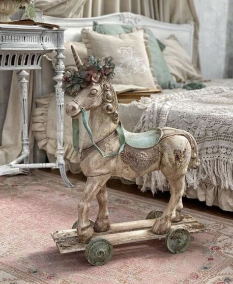 Old World Decor French Country, Wooden Carousel, Old World Decor, Vintage Rocking Horse, Antique Rocking Horse, Rocking Horse Toy, Vintage Unicorn, Wooden Rocking Horse, Hippie Shop