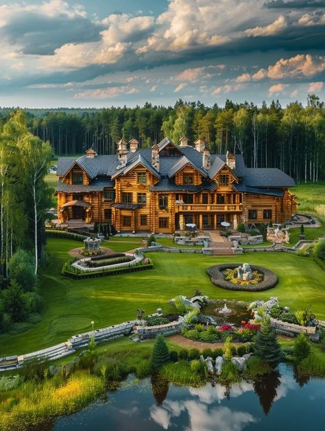 Montana Mansion, Big Log Cabin Houses, Rustic Mansion, House With Pond, House In The Forest Aesthetic, Family Compound Ideas Layout, Holiday Destinations In India, Building Design Plan, Huge Houses