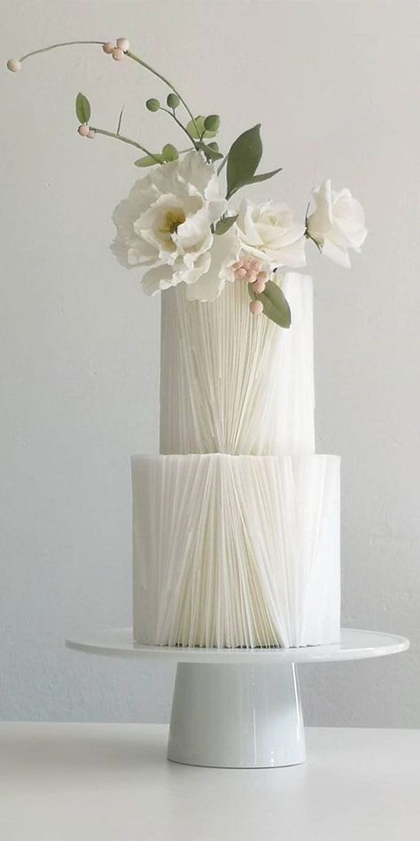 Modern Cake Stand Wedding, Striped Wedding Cake, Kek Kahwin, Wedding Cake With Flowers, Contemporary Wedding Cakes, Monochromatic Wedding, Cake With Flowers, Pretty Wedding Cakes, The Wedding Cake