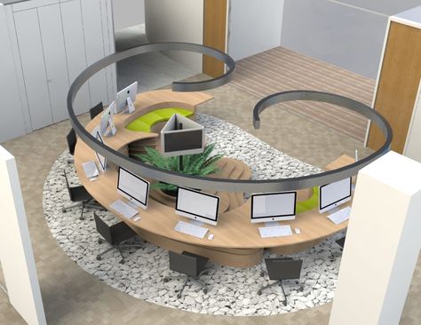 3d interior design of a curved workstation housing monitors and seating from Rap Interiors Circular Workstation Design, Circular Office Design, Administrative Design, Workspace Interior Design, Skull House, Office Space Planning, Large Office Desk, Pebble Design, Open Space Office