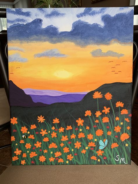 Used with acrylic paints on 11x14 inch canvas 11x14 Canvas Painting Ideas, Orange Flower Field, Green Aesthetic Outfit, Sunrise Drawing, Sun Painting, Concept Art Tutorial, Watercolor Paintings For Beginners, Summer Painting, Canvas Painting Designs