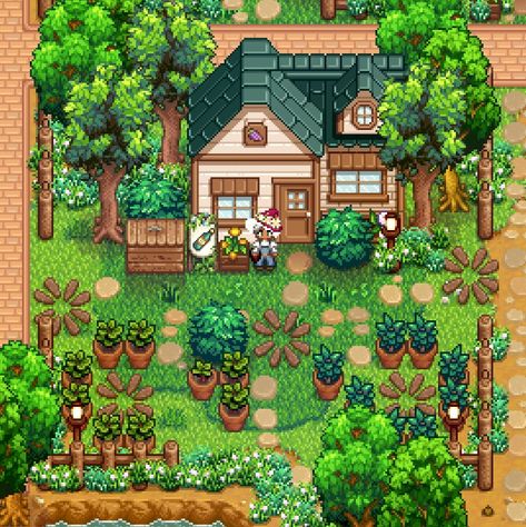 Garden Stardew Valley, Spring Stardew Valley, Stardew Valley Garden, Stardew Valley Farm Layout 4 Corners, Stardew Decoration, Stardew Valley Room Ideas, Stardew Decor, Stardew Valley Decoration Ideas, Stardew Valley Farm Ideas