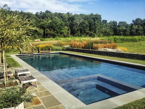 Rectangle Pool With Spa, Country Pool, Pool With Spa, Swimming Pool Design Ideas, Vernal Pool, Pool Design Ideas, Rectangle Pool, Living Pool, Concrete Retaining Walls