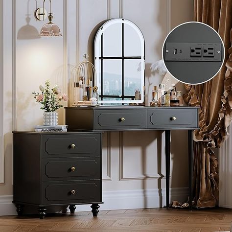 Amazon.com: Black,Vanity Desk with 3 Color Touch Screen Dimming Mirror, Modern Retractable Makeup Dressing Table with Power Strip，Adjustable Cabinet and 5 Sliding Drawers,Vanity Table Set,Writing Desk Bedroom : Home & Kitchen Writing Desk Vanity, Black Vanity Desk, Desk Bedroom, Sliding Drawers, Makeup Dressing Table, Vanity Benches, Vanity Table Set, Black Vanity, Makeup Table