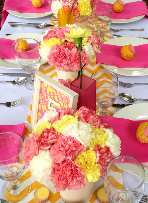 Pink and Yellow Table Scape with @Fleur de Lis Event Consulting  and us! Hot Pink And Yellow Party Decorations, Pink And Yellow Tablescapes, Pink And Yellow Brunch Decor, Yellow Pink Party Decorations, Pink And Yellow Tea Party, Pink And Yellow Party Ideas, Pink And Yellow Wedding Theme Table Settings, Pink And Yellow Sweet 16, Yellow And Pink Party