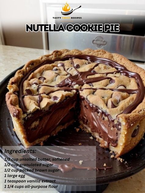 Nutella Cookie Pie 💖💖 🍪✨ Indulge in the ultimate dessert delight with this Nutella Chocolate Chip Cookie Pie! 🥧🍫 A decadent combination of buttery cookie crust, rich Nutella filling, and gooey chocolate chips, this pie is a true treat for any occasion! 🎉💖 #Nutella #Cookie #Pie #ChocolateChip #Dessert 🌟🍰 Ingredients: 1/2 cup unsalted butter, softened 1/2 cup granulated sugar 1/2 cup packed brown sugar 1 large egg 1 teaspoon vanilla extract 1 1/4 cups all-purpose flour 1/2 teaspoon baking soda ... Nutella Cookie Cups, Nutella Cookie Pie, Nutella Chocolate Chip Cookies, Buttery Cookie, Nutella Filling, Chocolate Chip Cookie Pie, Nutella Cookie, Instagram Recipes, Twisted Recipes