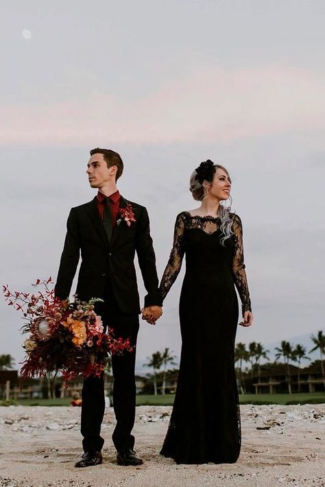 27 Fantastic Black Wedding Dresses To Fall In Love With Black Long Sleeve Prom Dress, Halloween Wedding Dresses, Pink And White Weddings, Black Wedding Cakes, Gothic Wedding Dress, Goth Wedding, Dark Wedding, Fitted Wedding Dress, Gorgeous Wedding Dress