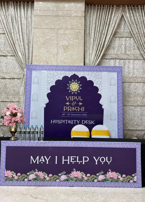 Customised help desk for wedding Help Desk Design For Wedding, Hospitality Desk Indian Wedding, Help Desk Wedding, Wedding Hospitality Desk, Wedding Flex Design, Wedding Pathway, Wedding Guest Activities, Wedding Presentation, Wedding Banner Design