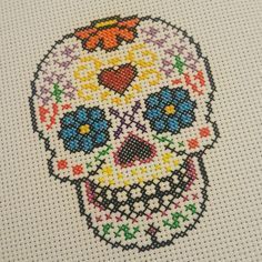 Sugar Skull Cross Stitch, Snarky Embroidery, Skull Cross Stitch, Cross Stitch Tattoo, Cross Stitch Skull, Stitch Tattoo, Skull Crafts, Cross Stitch Border Pattern, Halloween Cross Stitches