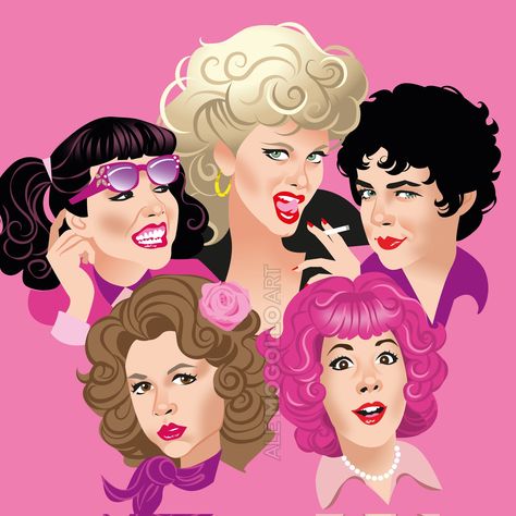 Pink Ladies Makeup Grease, Grease Aesthetic, Grease Party, Grease Movie, Grease Is The Word, Cartoon Movie Characters, Recycled Art Projects, Old Hollywood Style, Celebrity Caricatures