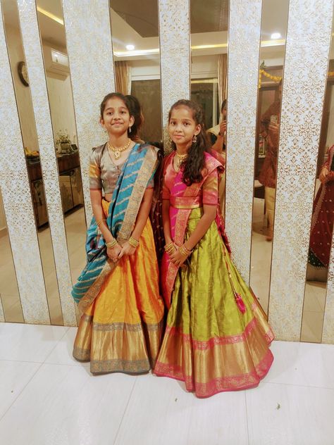 Girls in South Indian half sarees. Half Sarees, Half Saree, Saree, Pins