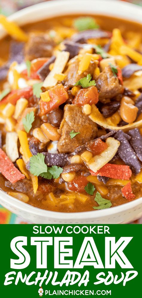 Slow Cooker Steak Enchilada Soup - seriously delicious! Chuck roast, corn, black beans, pinto beans, taco seasoning, Rotel tomatoes, ranch seasoning, beef broth, and enchilada sauce. Brown the meat and dump everything in the crockpot. SO easy! Top the soup with some tortilla chips, cheese, and sour cream. Can freeze leftovers for a quick meal later. #slowcooker #crockpot #soup #tacosoup #beef Steak Enchilada Soup, Beef Enchilada Soup Crockpot, Steak Enchiladas, Roast Corn, Freeze Leftovers, Enchilada Soup Recipe, Slow Cooker Steak, Tomato Tortellini Soup, Crockpot Soup