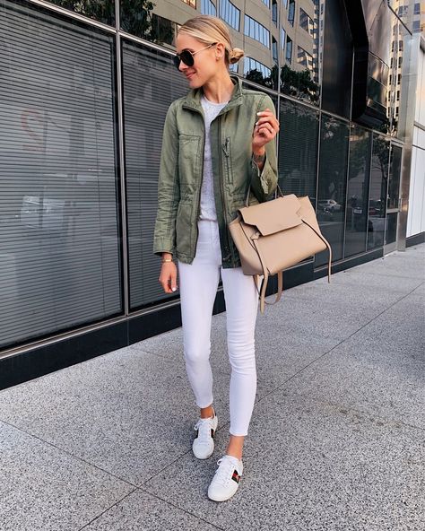 fashion_jackson | LIKEtoKNOW.it Green Utility Jacket Outfit, Utilitarian Outfit, Sneakers Celine, Gucci Sneakers Outfit, Utility Jacket Outfit, Outfit Verde, Olive Vest, Jeans Gucci, Grey Tshirt