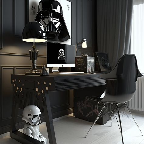 I know I'm not quite there yet, but I'll soon have more practice. As a big fan of the Star Wars universe, I couldn't be happier to create a home office with this theme. From the TIE Fighter legs on my black desk to the Darth Vader helmet-shaped desk lamp, every detail makes me smile with joy. Decorating the walls with Star Wars posters and displaying my action figures and collectibles related to the villain adds a personal touch that brings me satisfaction while I work. #StarWars #HomeOffice Darth Vader Room Ideas, Black Star Wars Bedroom, Darth Vader Bedroom, Starwars Office Theme, Star Wars Home Office, Star Wars Themed Office, Star Wars Adult Bedroom, Star Wars Interior Design, Star Wars Bedroom Ideas For Adults