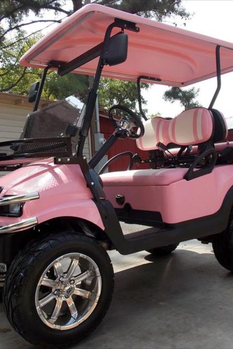 The Princess Pink Golf Cart Pink Golf Cart Ideas, Pink Golf Cart Aesthetic, Purple Golf Cart, Barbie Golf Cart, Mini Golf Cart, Girly Golf Cart, Bronco Golf Cart, Aesthetic Golf Cart, Preppy Golf Cart